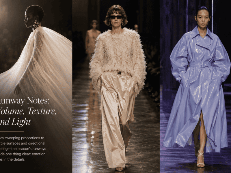 Elegant runway models showcasing high-fashion designs with textured fabrics and flowing silhouettes.