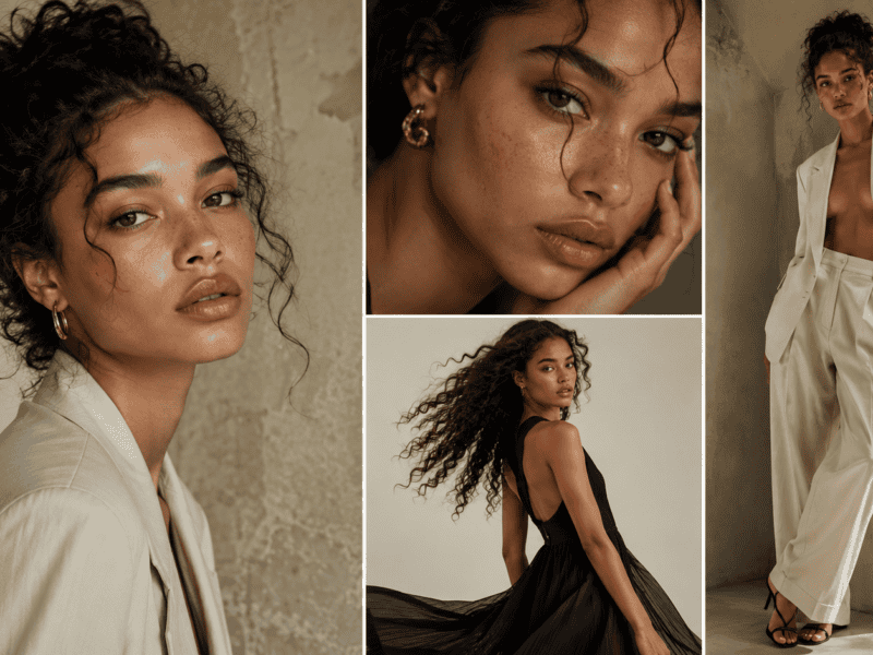 The image features a stylish woman with curly hair, wearing beige and white outfits, emphasizing contemporary fashion and natural elegance.