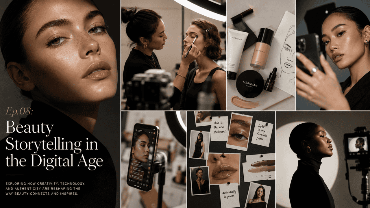 Image description only: A makeup artist applies makeup to a model in a studio, surrounded by beauty products and photography equipment, emphasizing digital age beauty storytelling.