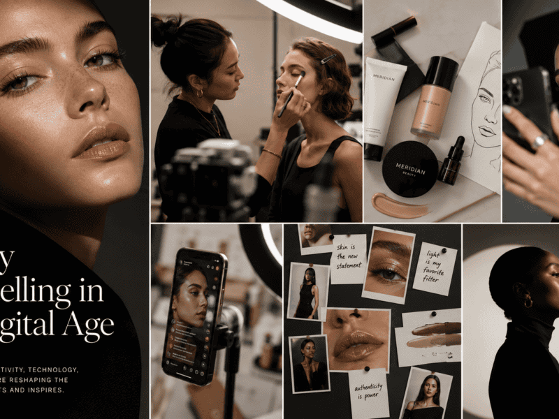 Image description only: A makeup artist applies makeup to a model in a studio, surrounded by beauty products and photography equipment, emphasizing digital age beauty storytelling.