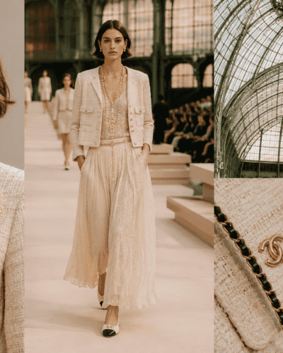 Elegant beige tweed suit with floral brooch, perfect for sophisticated fashion looks.