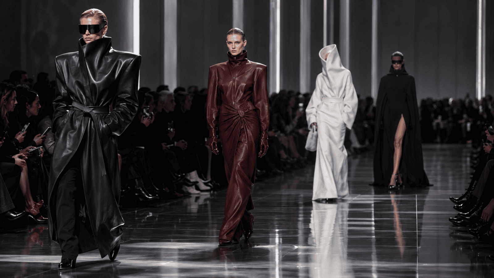 Elegant runway models showcase high-fashion leather and avant-garde designs at a modern fashion show.