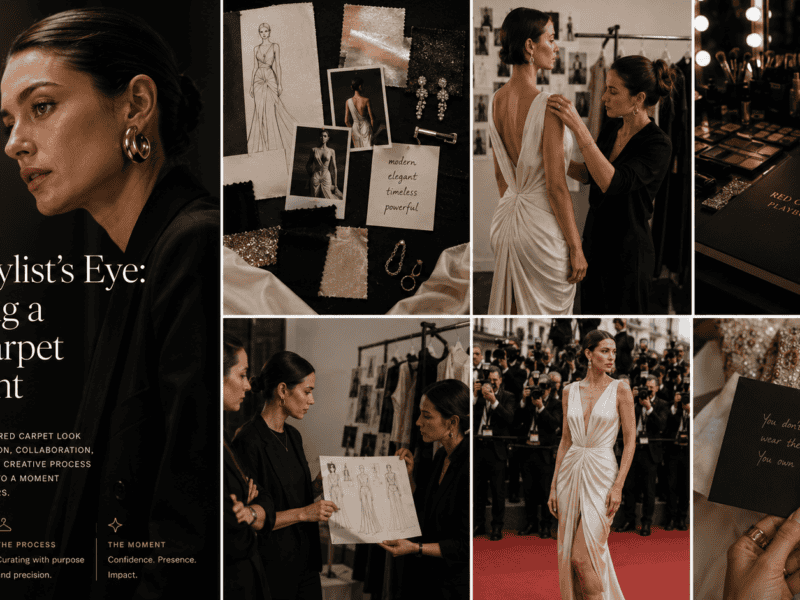 The image showcases a fashion stylist working on red carpet outfits, accessories, and behind-the-scenes preparations for glamorous events.