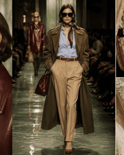 A woman wearing oversized sunglasses, a leather jacket, and stylish accessories on a runway.