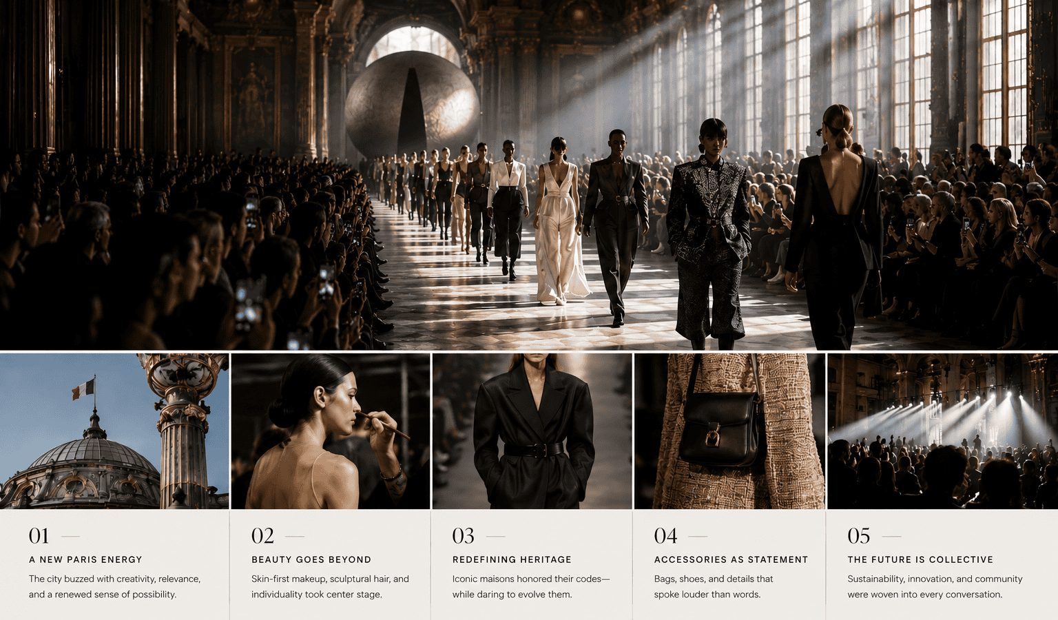 Elegant runway fashion show with models showcasing latest designer collections in a grand historic v.