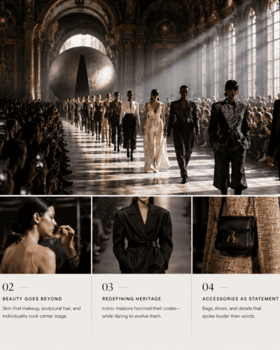 Elegant runway fashion show with models showcasing latest designer collections in a grand historic v.