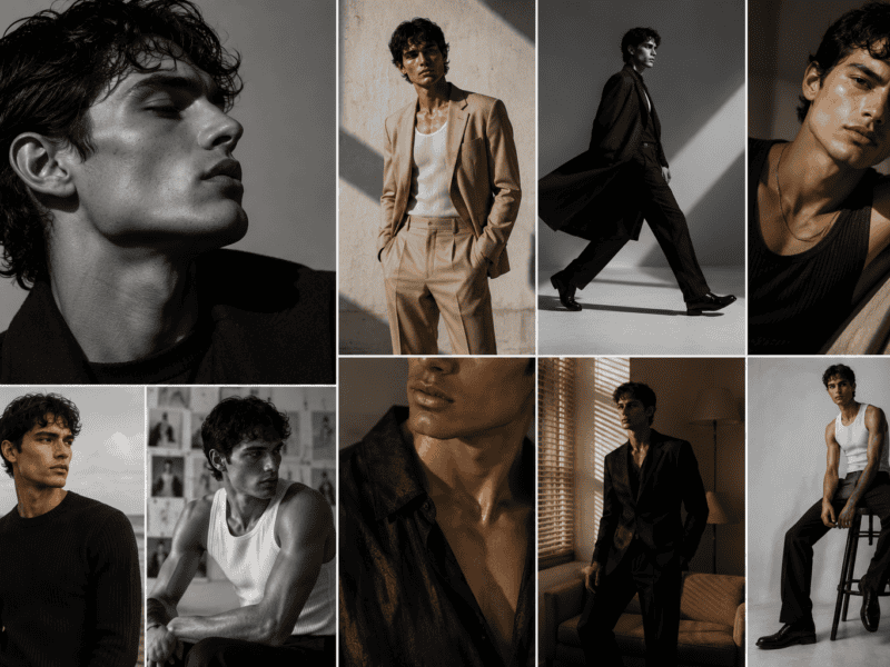 A collection of black and white images featuring male models in trendy outfits, highlighting contemporary fashion and confident attitude.