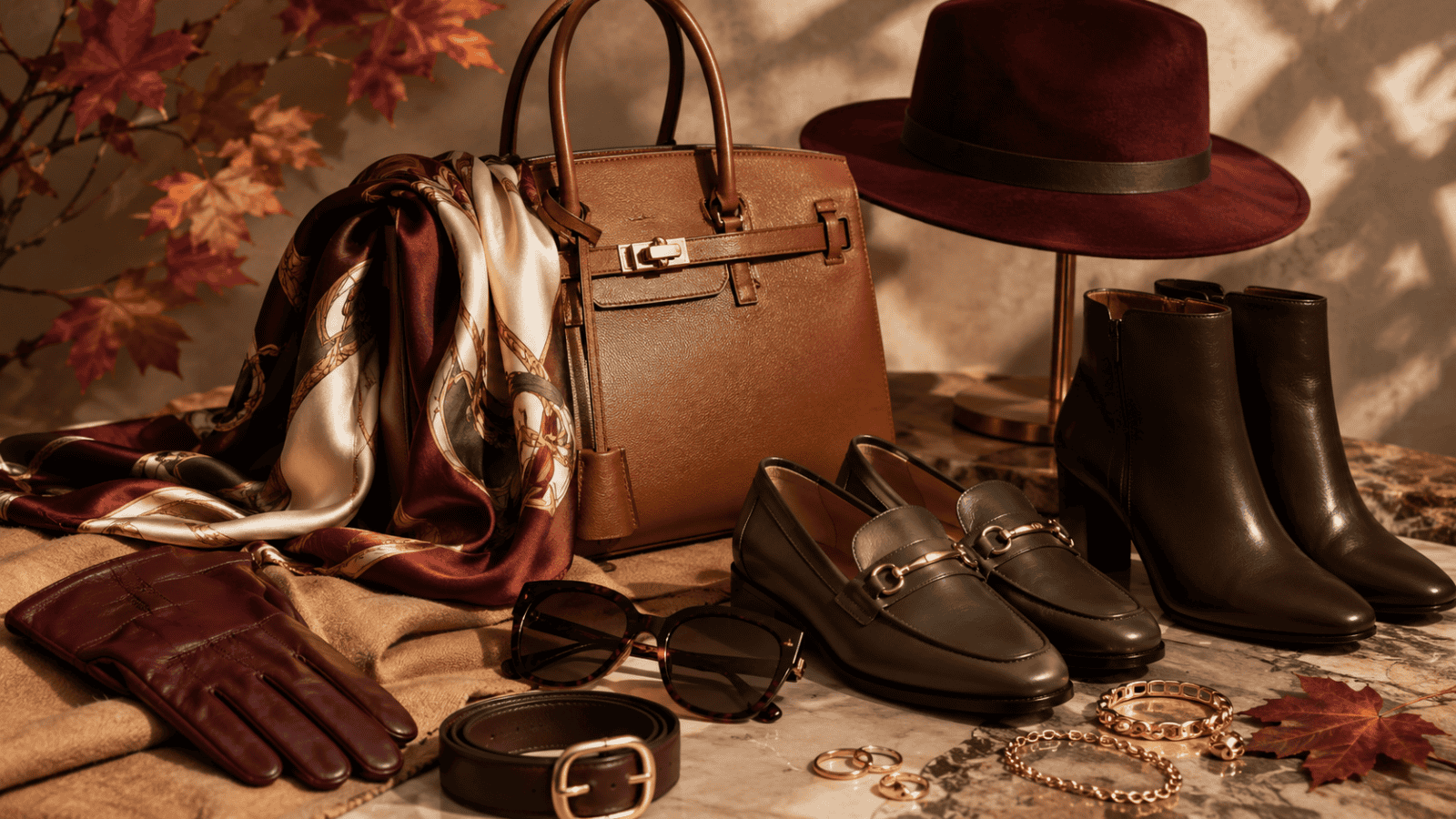 Elegant brown handbag with accessories including sunglasses, boots, scarf, and hat for stylish fall.