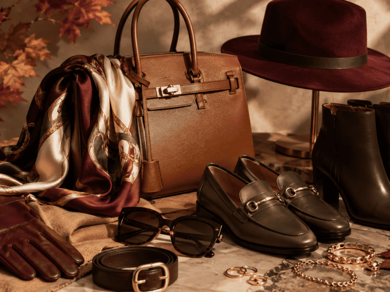 Elegant brown handbag with accessories including sunglasses, boots, scarf, and hat for stylish fall.