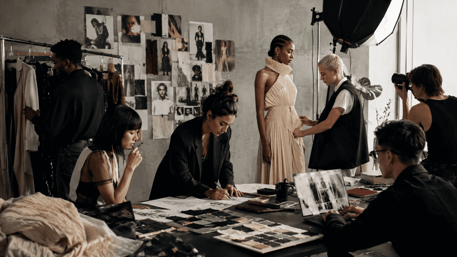Fashion designers and models working in a creative studio with mood boards and photoshoots.