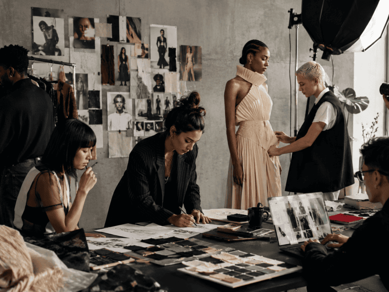Fashion designers and models working in a creative studio with mood boards and photoshoots.