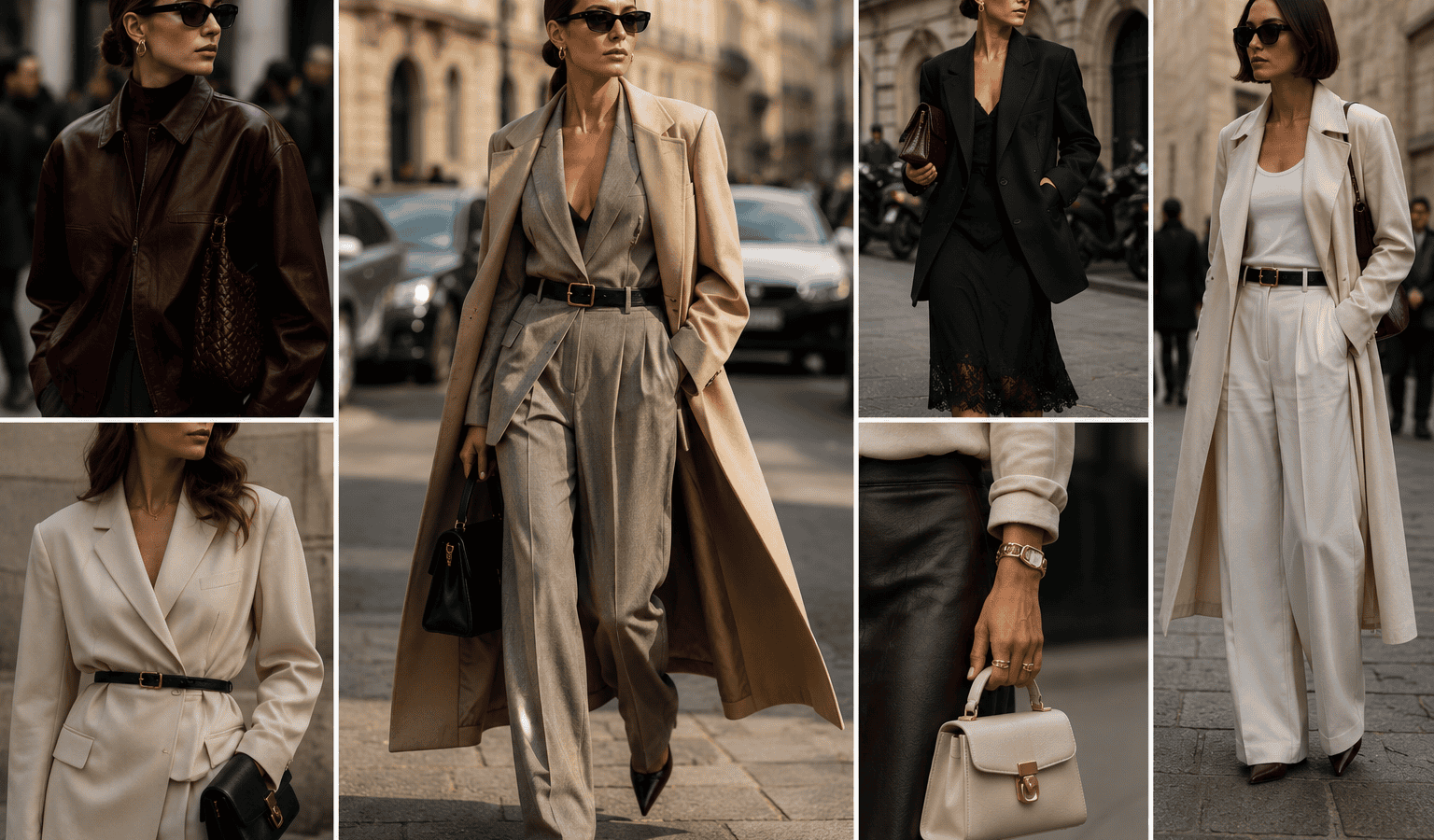 Elegant women in stylish business and casual outfits on city streets, showcasing fashion trends and.