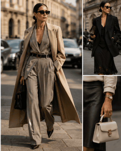 Elegant women in stylish business and casual outfits on city streets, showcasing fashion trends and.