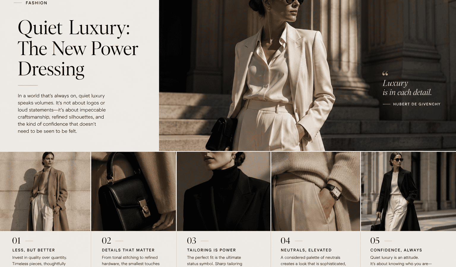 Elegant woman in beige blazer and sunglasses standing outside a grand building, showcasing luxury fa.