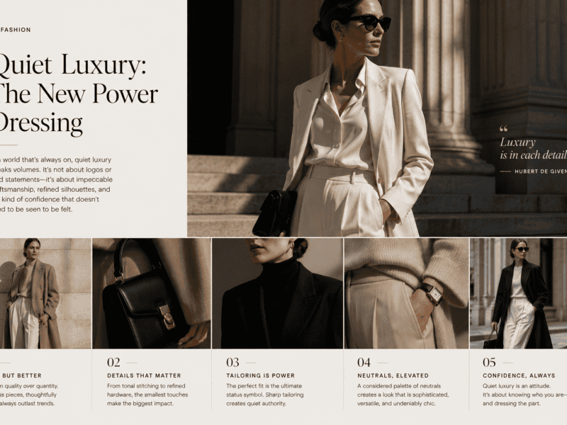 Elegant woman in beige blazer and sunglasses standing outside a grand building, showcasing luxury fa.