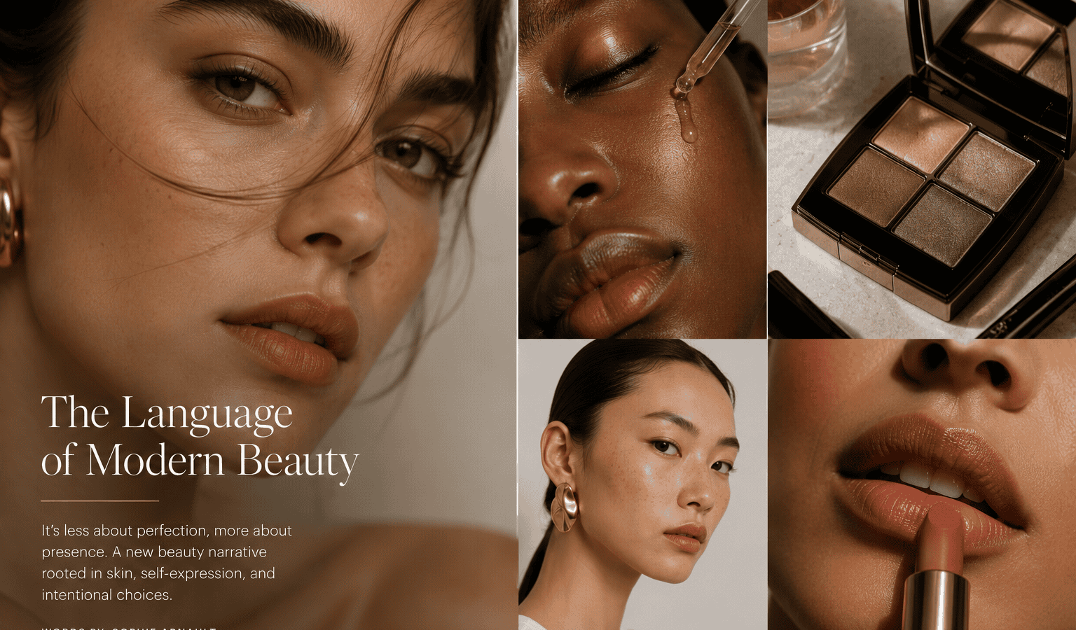 Soft-focus portrait of a woman with natural makeup, emphasizing beauty and skincare.